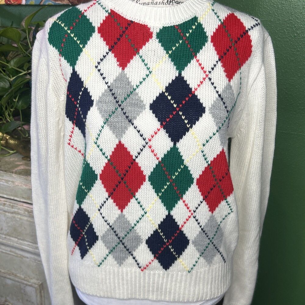 Vintage Argyle Sweater Size Small Preppy Academia Tennis Christmas Green Red